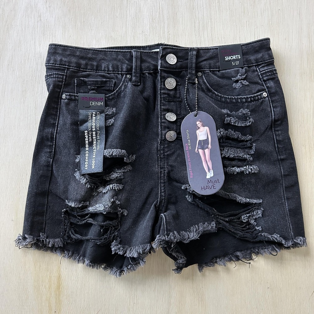 Simple Society Shorts Womens 5/27 Black Denim High Rise Distressed Cutoff